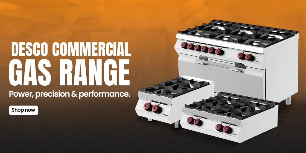 Banner featuring Desco commercial gas range with multiple burners, offering power, precision, and performance for professional cooking applications.